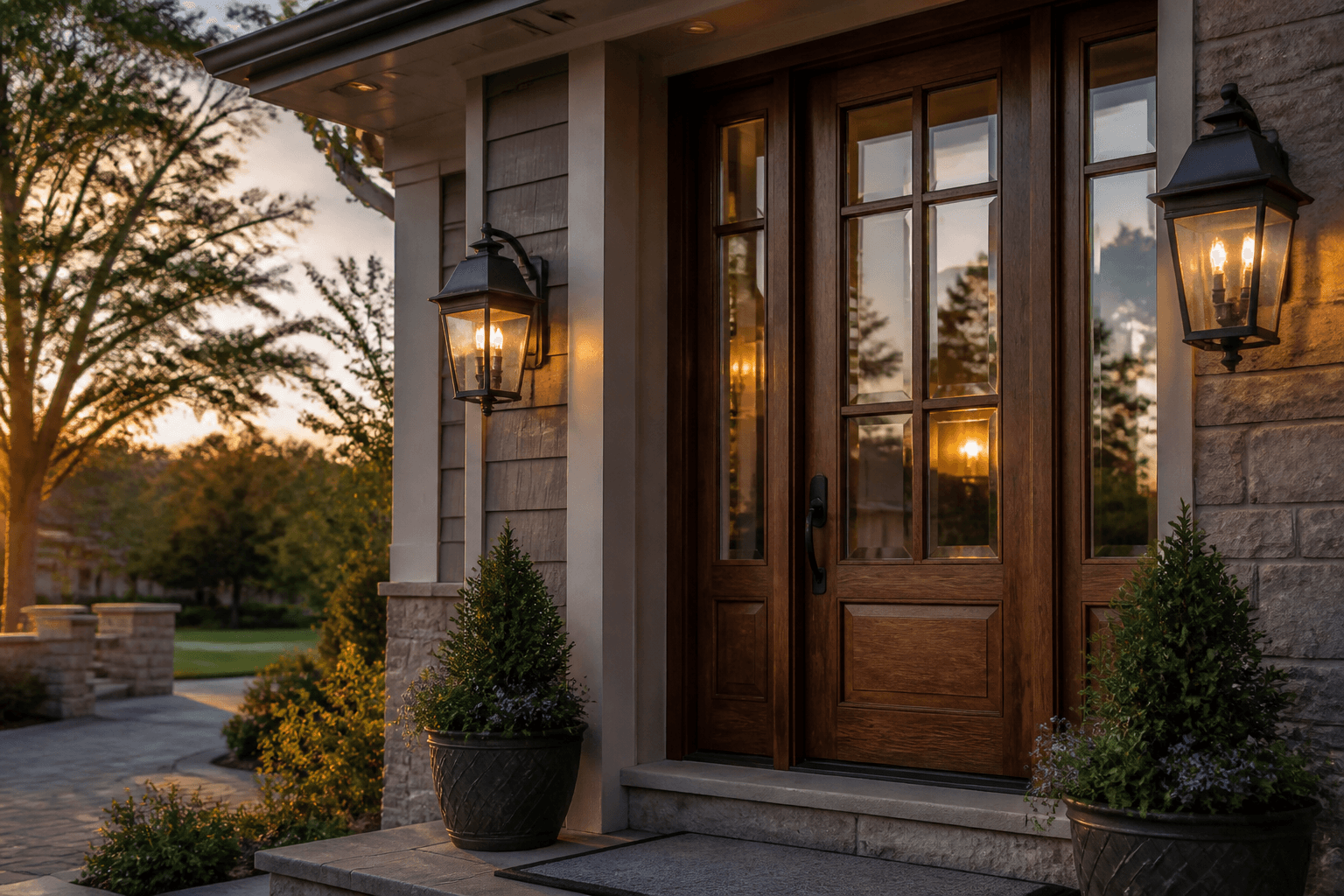 Warm entrance with a wood front door at golden hour